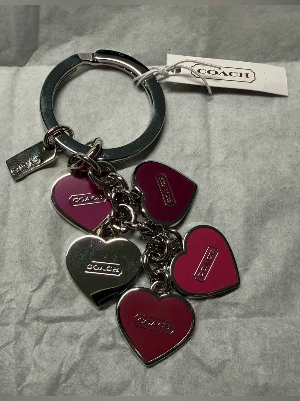 NWT COACH Heart Mix Keychain Fob, Silver Maroon Pink F66398